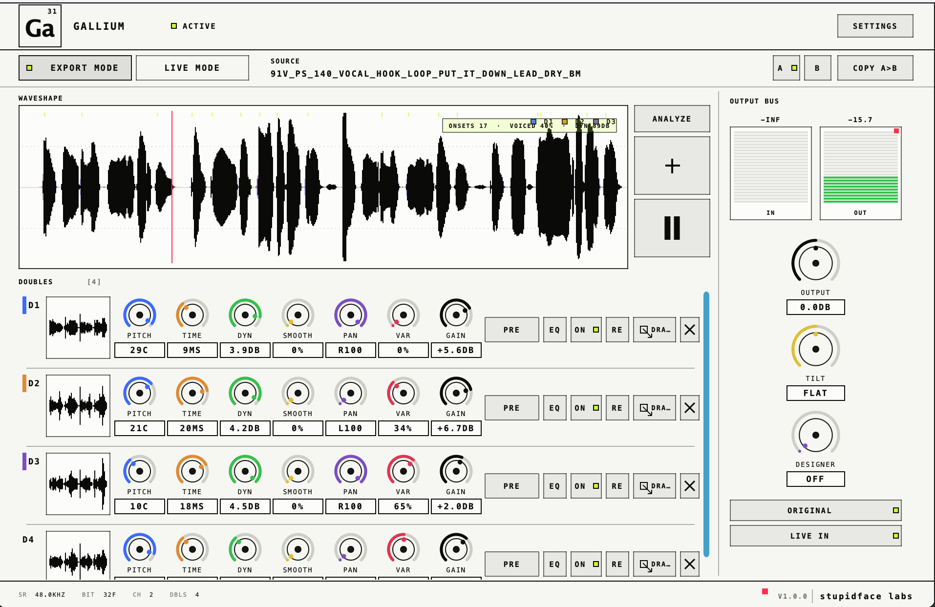 GALLIUM plugin — export mode, vocal hook source, four doubles, master output column